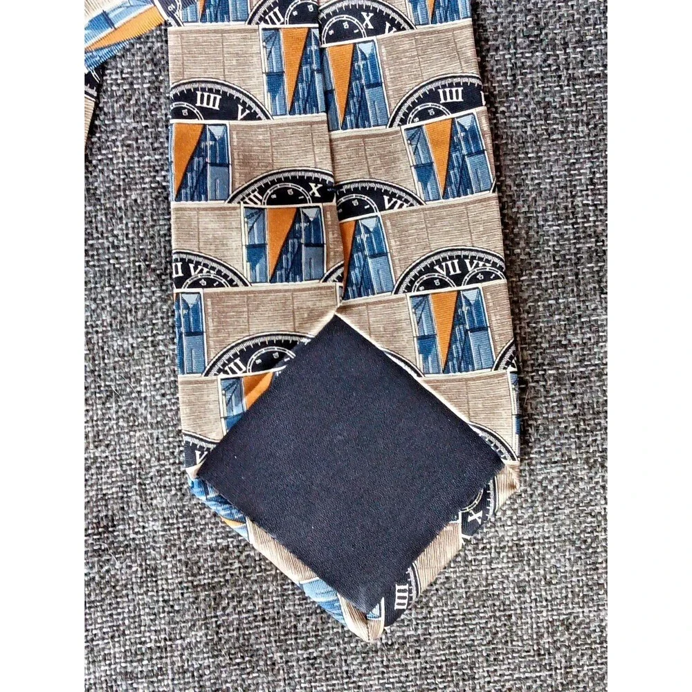 Tie 70s 80s 90s Y2K Mens Structure Silk Brown Blue Beige Tan 3.75 Wide 59 Long
